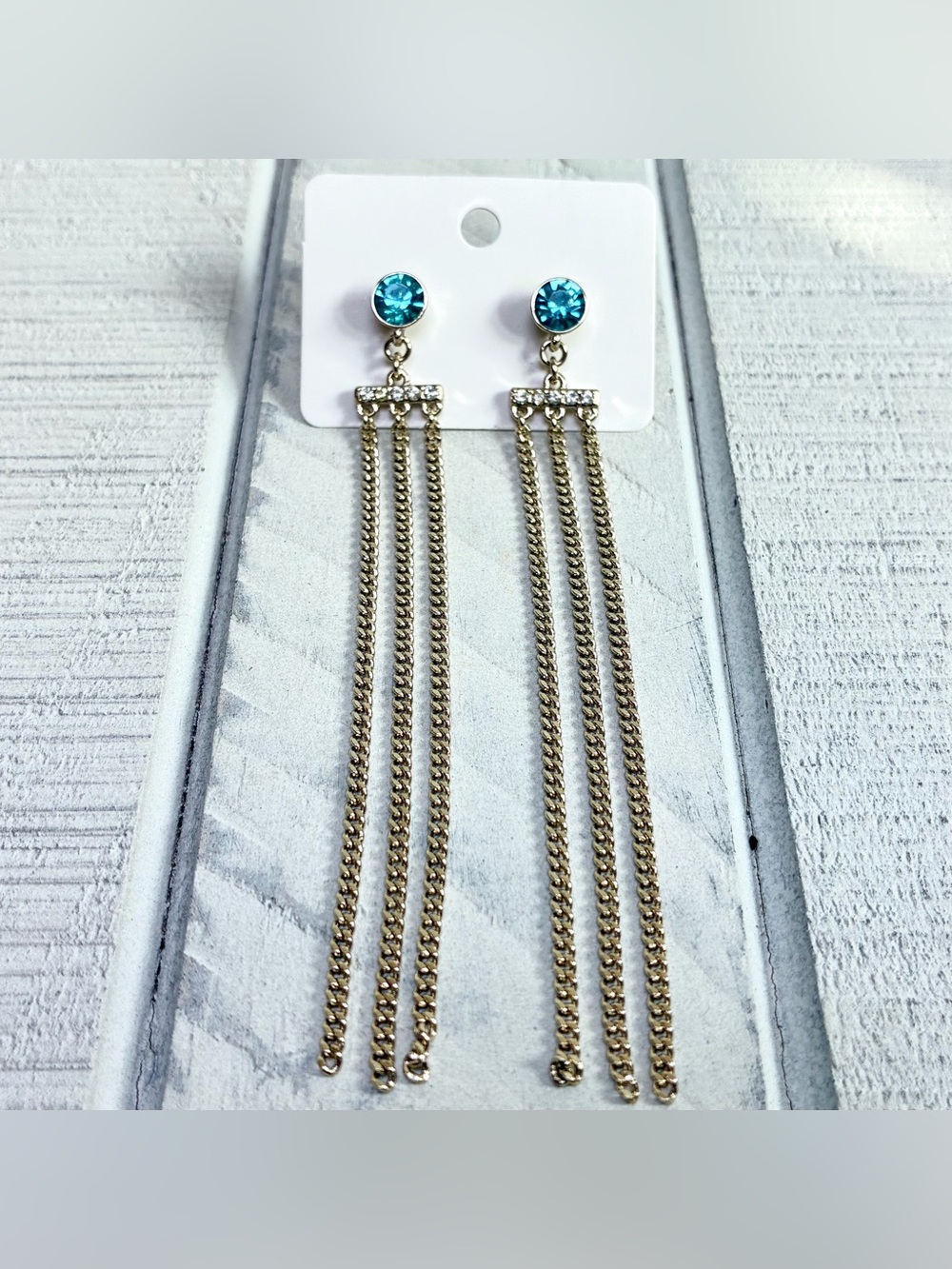 Women’s Jewelry Silver Tone Blue Rhinestone Stud Triple Chain Dangle Earrings